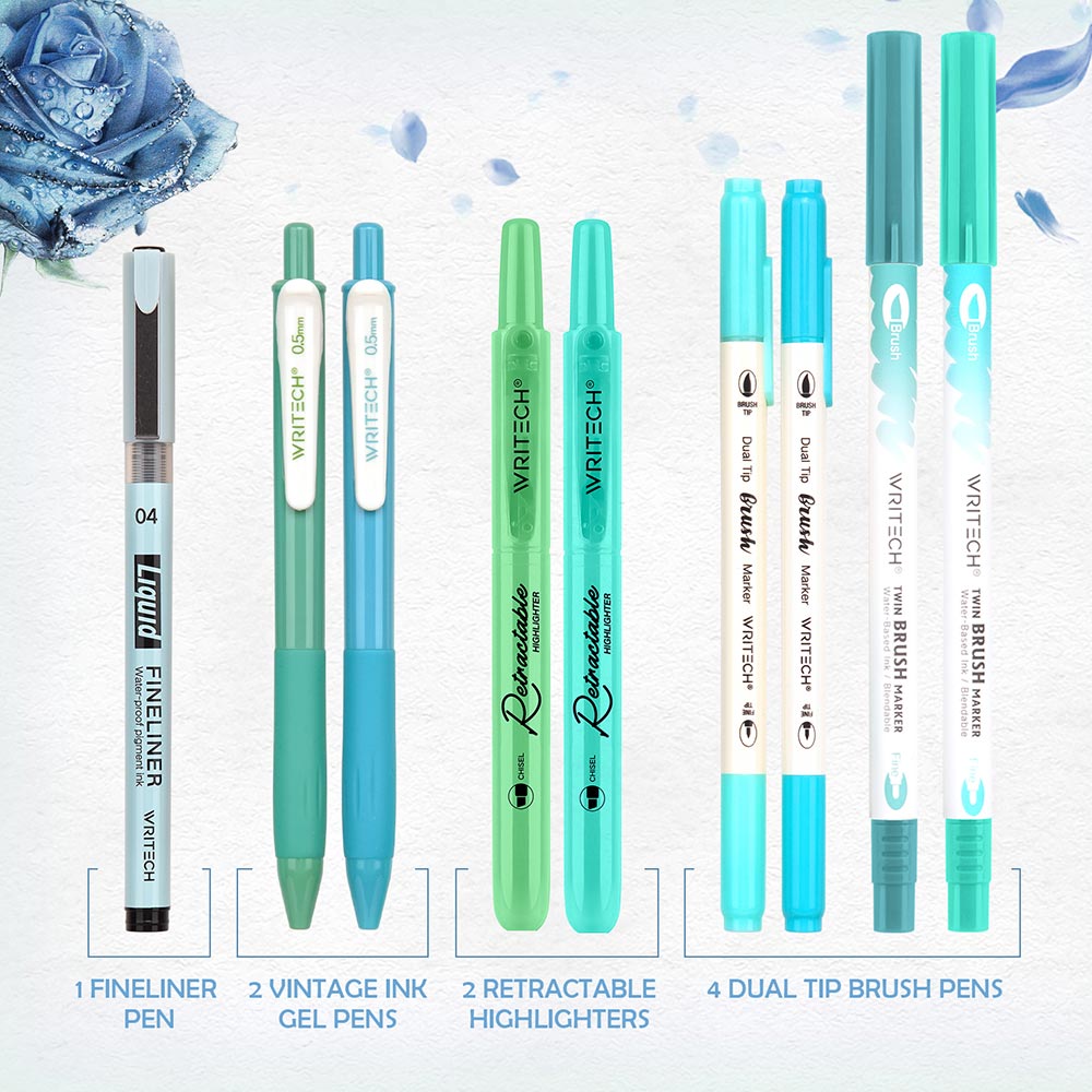 WRITECH 9 Piece Journal Kit with Pencil Case Blue and Green