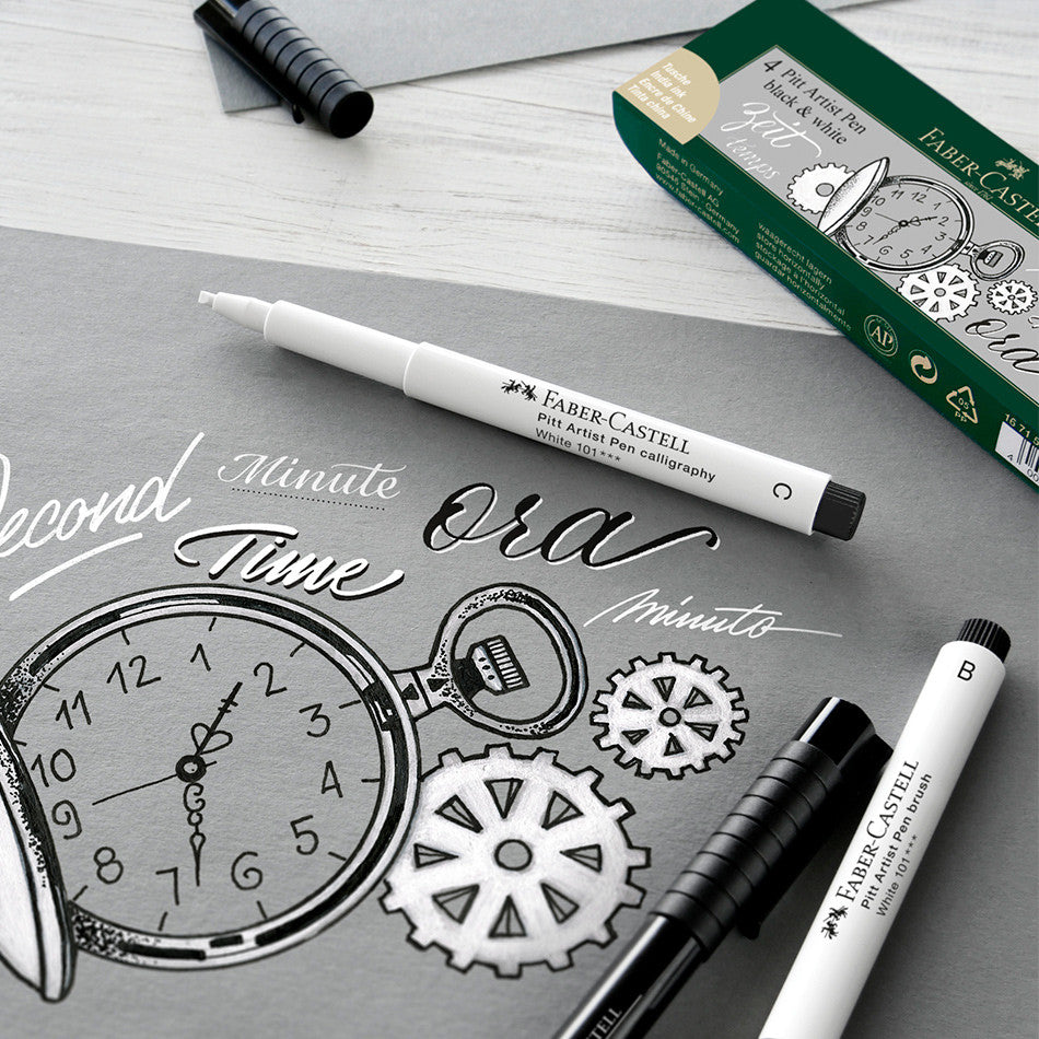 Faber-Castell Pitt Artist Pen Black & White Set of 4 by Faber-Castell at Cult Pens